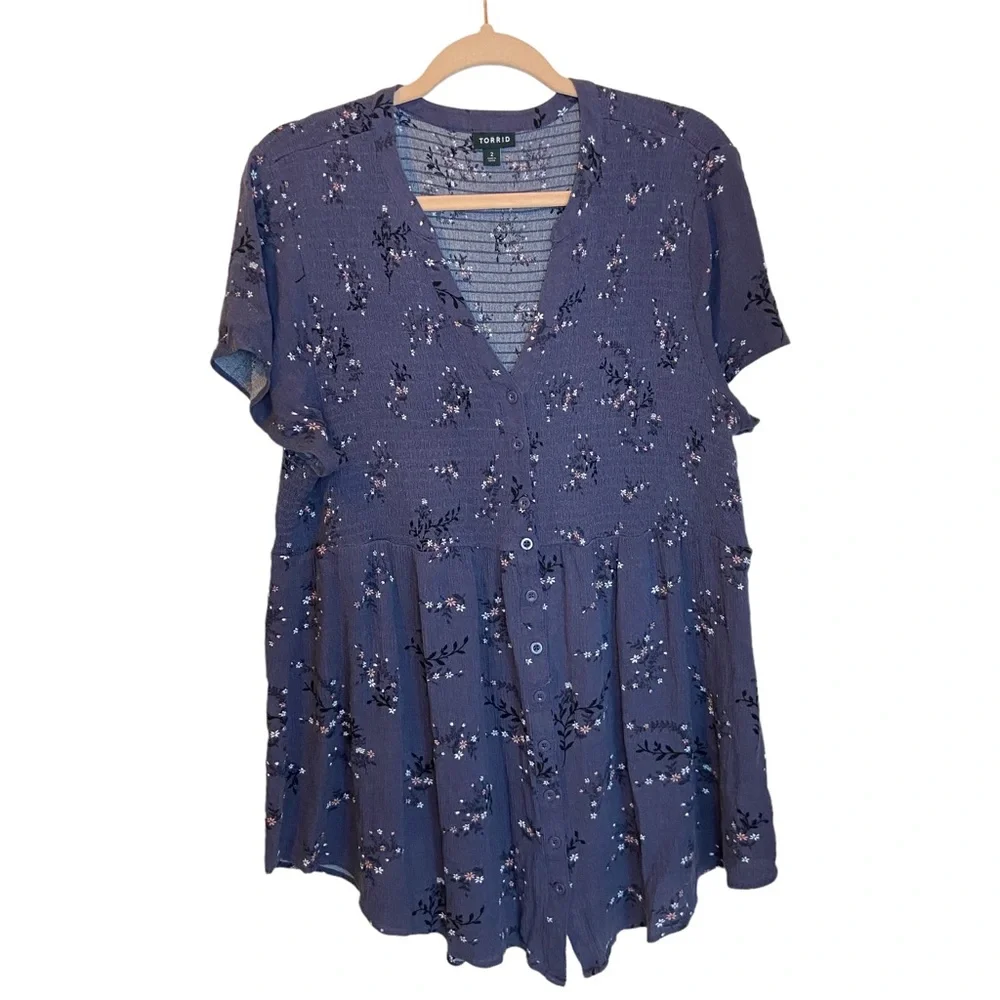 TORRID BABYDOLL GAUZE SMOCKED BUTTON-FRONT TOP Size 2 Plus Size Purple - Picture 11 of 13
